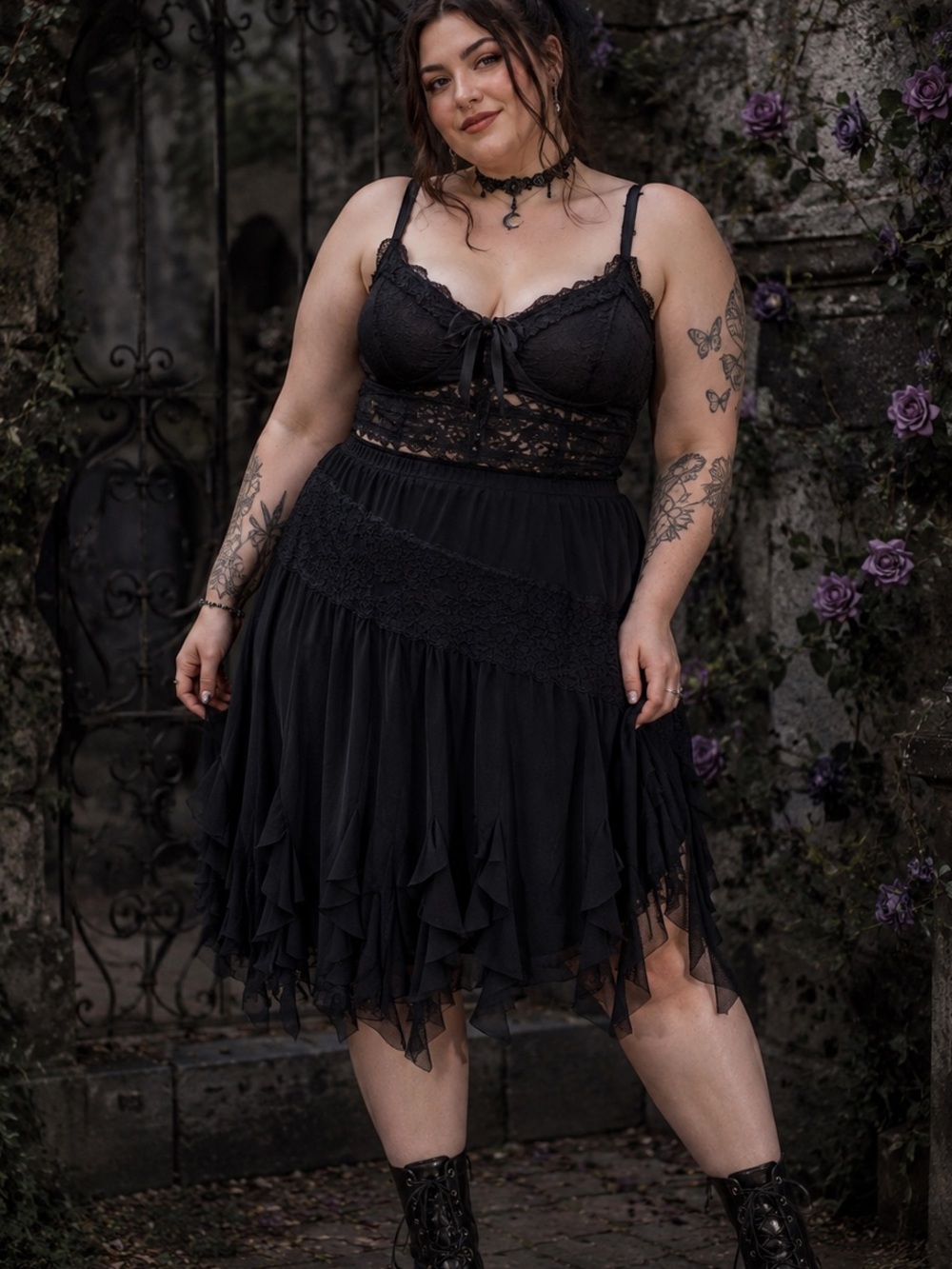 SANDRA DARREN Black Mesh Ruffle Whimsigoth Witchy Midi Skirt Size 16
